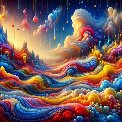 The primary subject of the image is a vibrant and colorful painting featuring a wave-like pattern. The setting is a cloudy sky, and the visual style is a digital art or illustration. The dominant colors in the painting are red, yellow, and blue, creating a lively and energetic atmosphere.